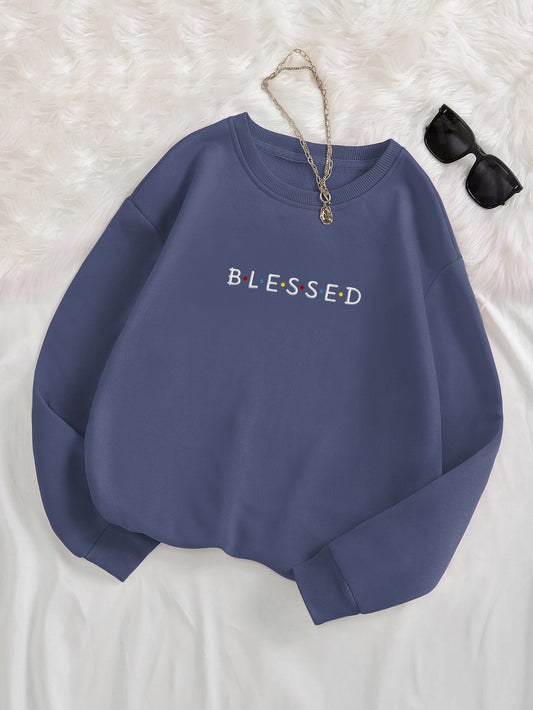 "Blessed" Letter Embroidered Crewneck Sweatshirt