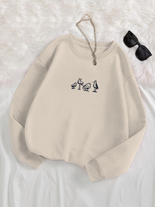 Lovely Gruidae Birds Embroidered Crewneck Sweatshirt