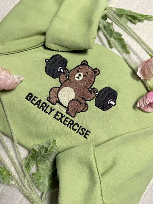 "Bearly Exercise" Funny Homonym Joke Embroidered Crewneck Sweatshirt