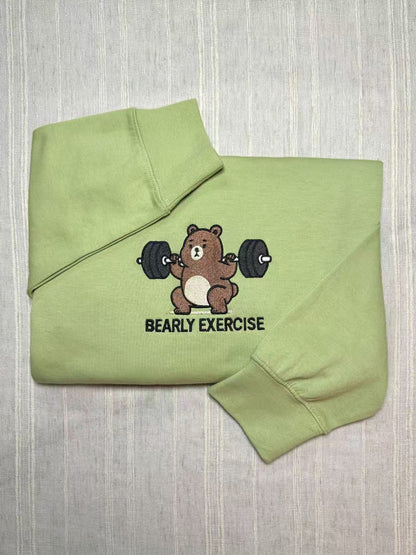 "Bearly Exercise" Funny Homonym Joke Embroidered Crewneck Sweatshirt