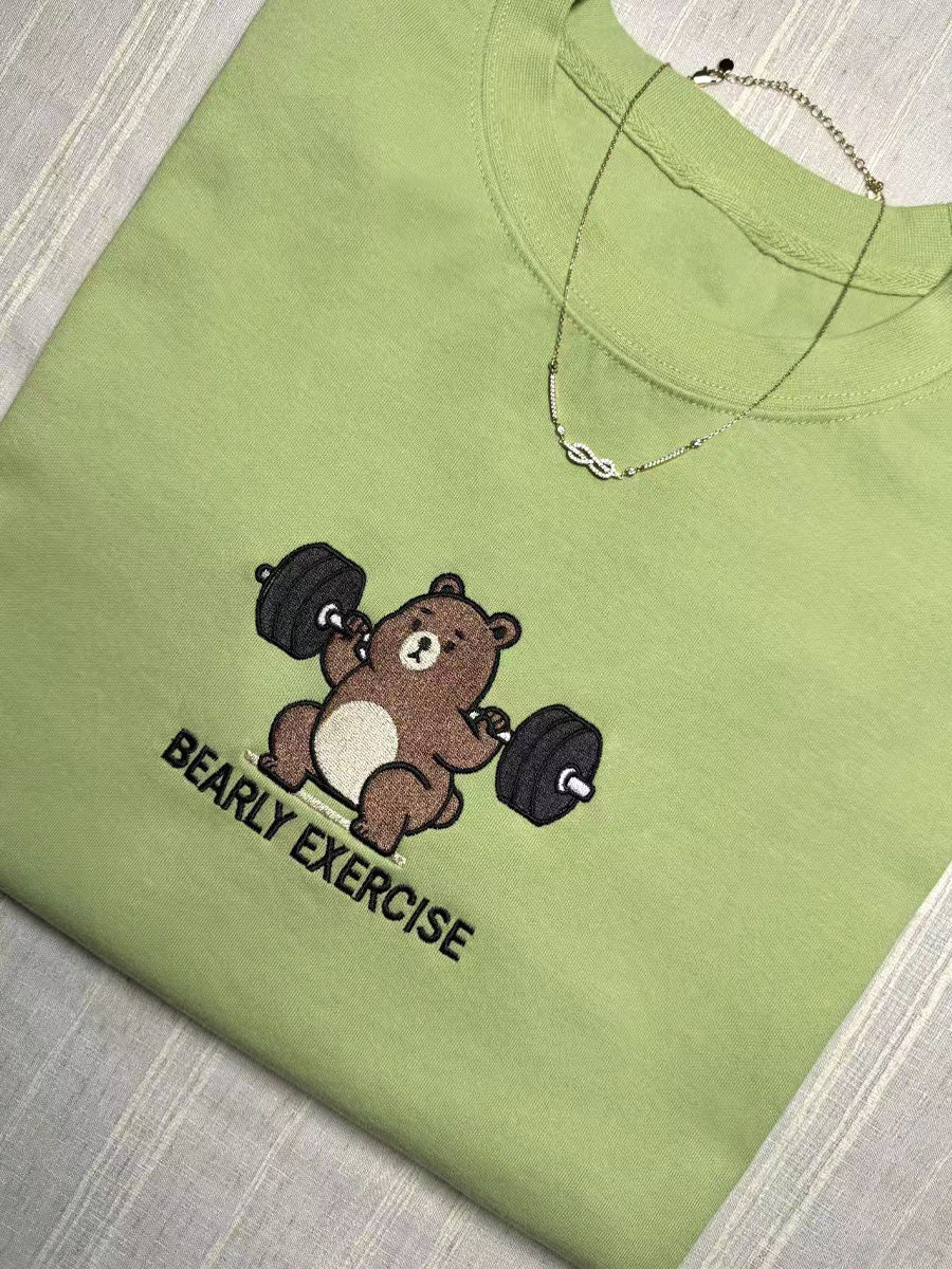 "Bearly Exercise" Funny Homonym Joke Embroidered Crewneck Sweatshirt
