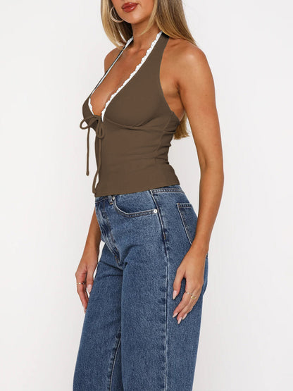 Lace-Up Bow Strapless Halter Neck Tank Top