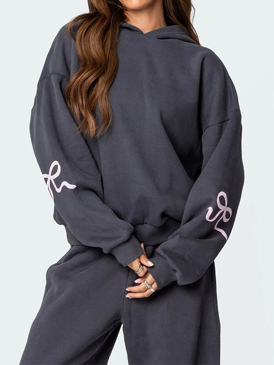 Ensemble de sweat à capuche et pantalon oversize pour femmes à imprimé coquette avec détails ruban