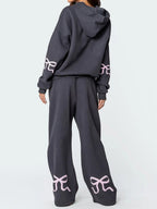 Ensemble de sweat à capuche et pantalon oversize pour femmes à imprimé coquette avec détails ruban