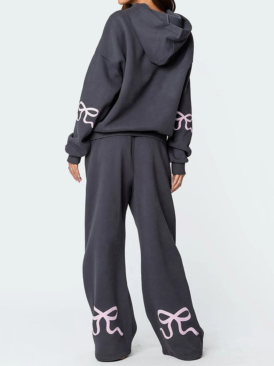 Ensemble de sweat à capuche et pantalon oversize pour femmes à imprimé coquette avec détails ruban