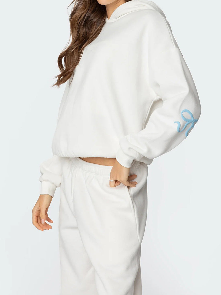 Ensemble de sweat à capuche et pantalon oversize pour femmes à imprimé coquette avec détails ruban