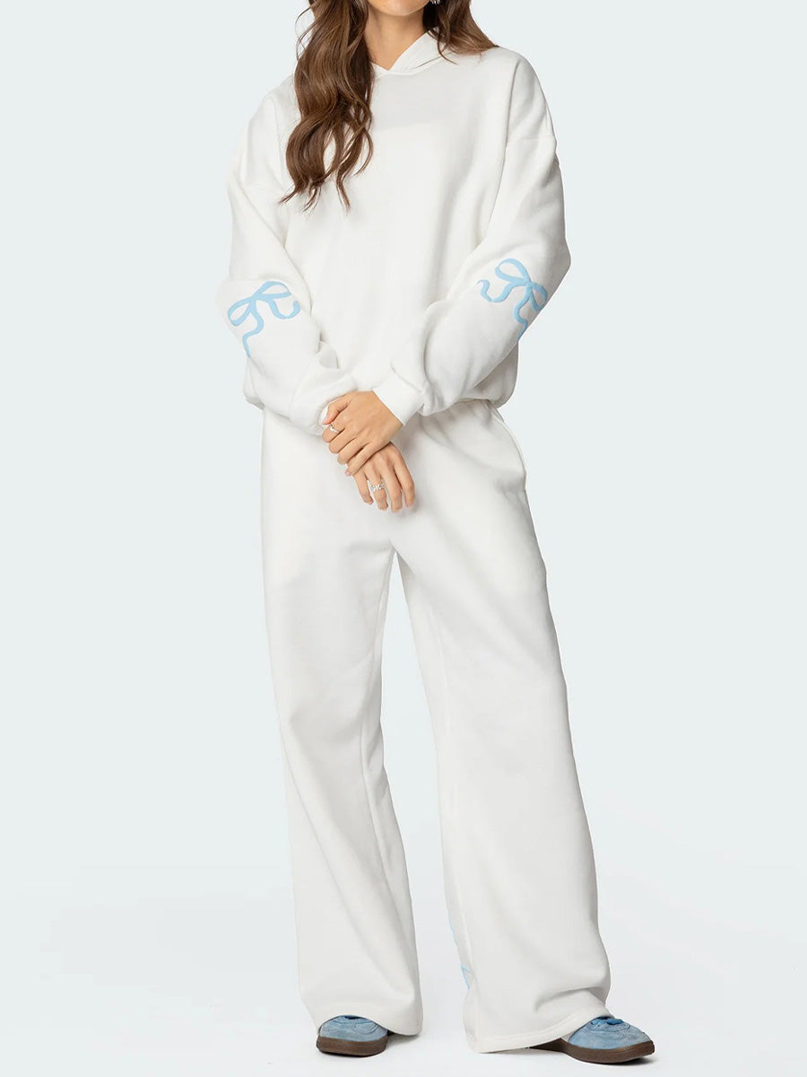 Ensemble de sweat à capuche et pantalon oversize pour femmes à imprimé coquette avec détails ruban