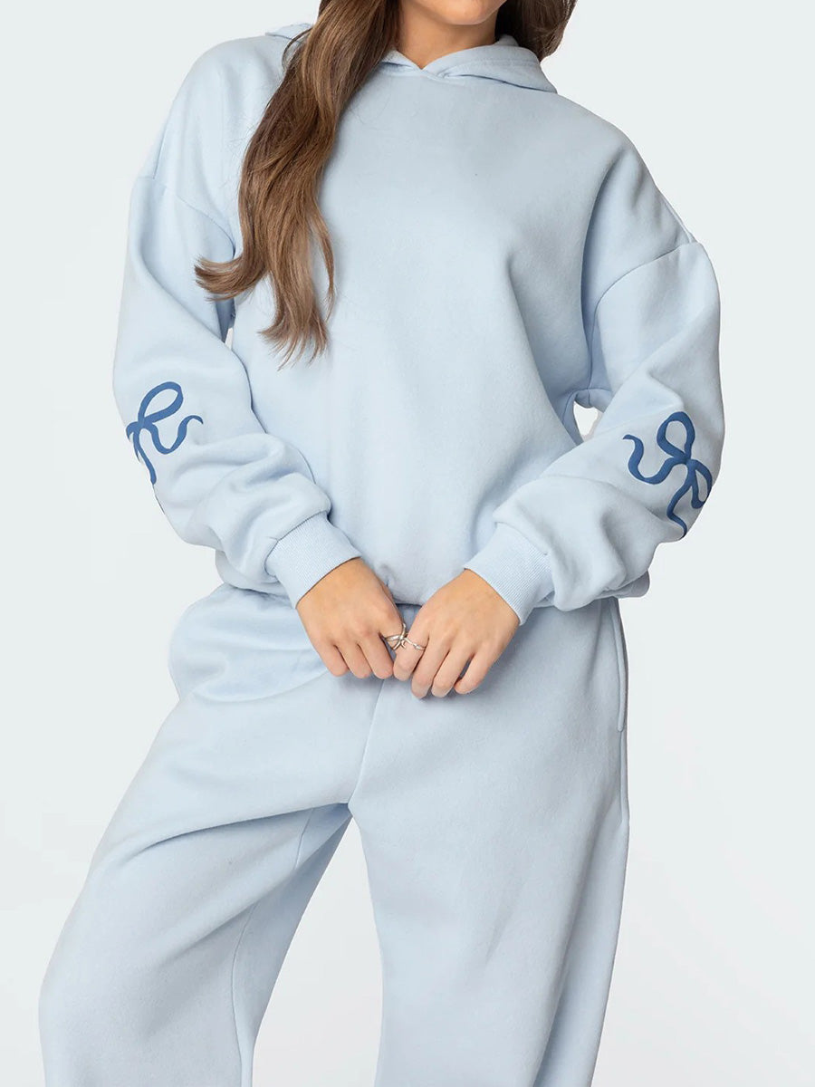 Ensemble de sweat à capuche et pantalon oversize pour femmes à imprimé coquette avec détails ruban