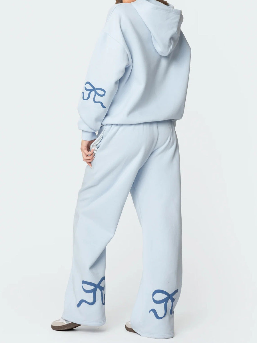 Ensemble de sweat à capuche et pantalon oversize pour femmes à imprimé coquette avec détails ruban