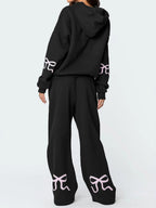 Ensemble de sweat à capuche et pantalon oversize pour femmes à imprimé coquette avec détails ruban