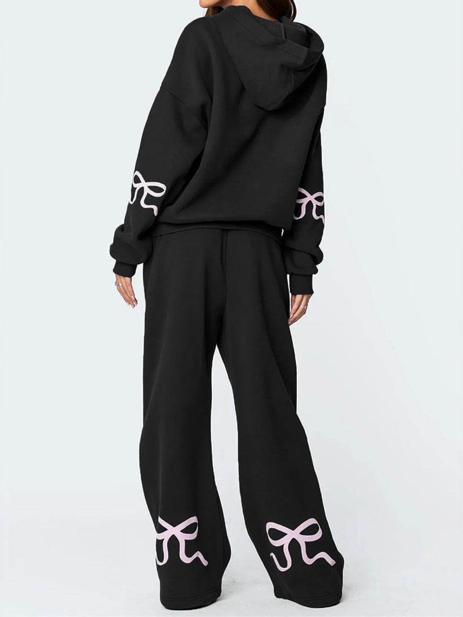 Ensemble de sweat à capuche et pantalon oversize pour femmes à imprimé coquette avec détails ruban