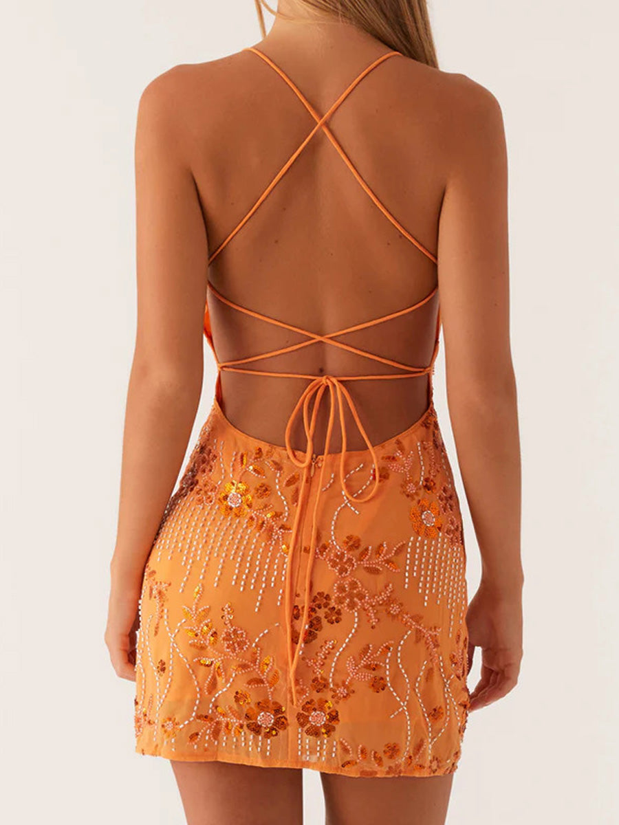 Robe dos nu brodée de sequins pour femmes
