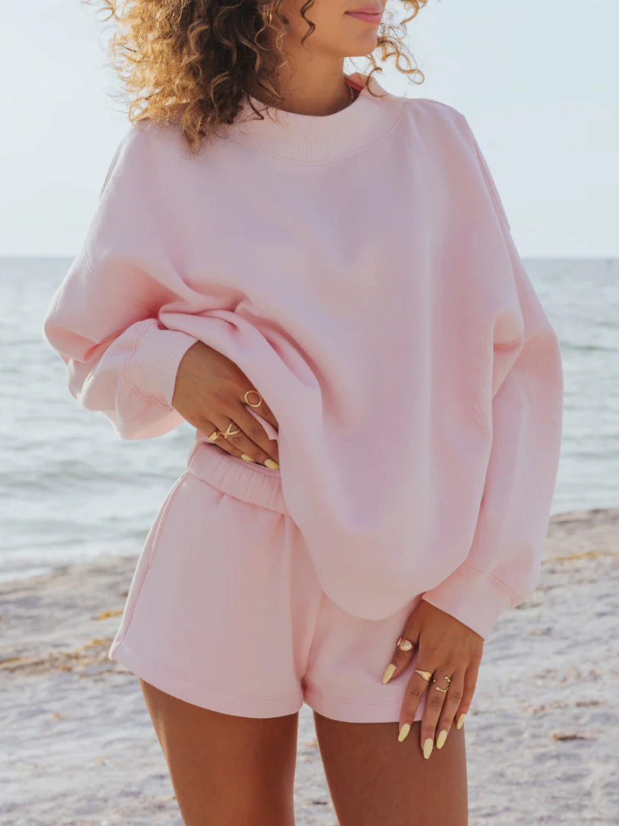 Pastel Color Mockneck Sweatshirt And Shorts Set